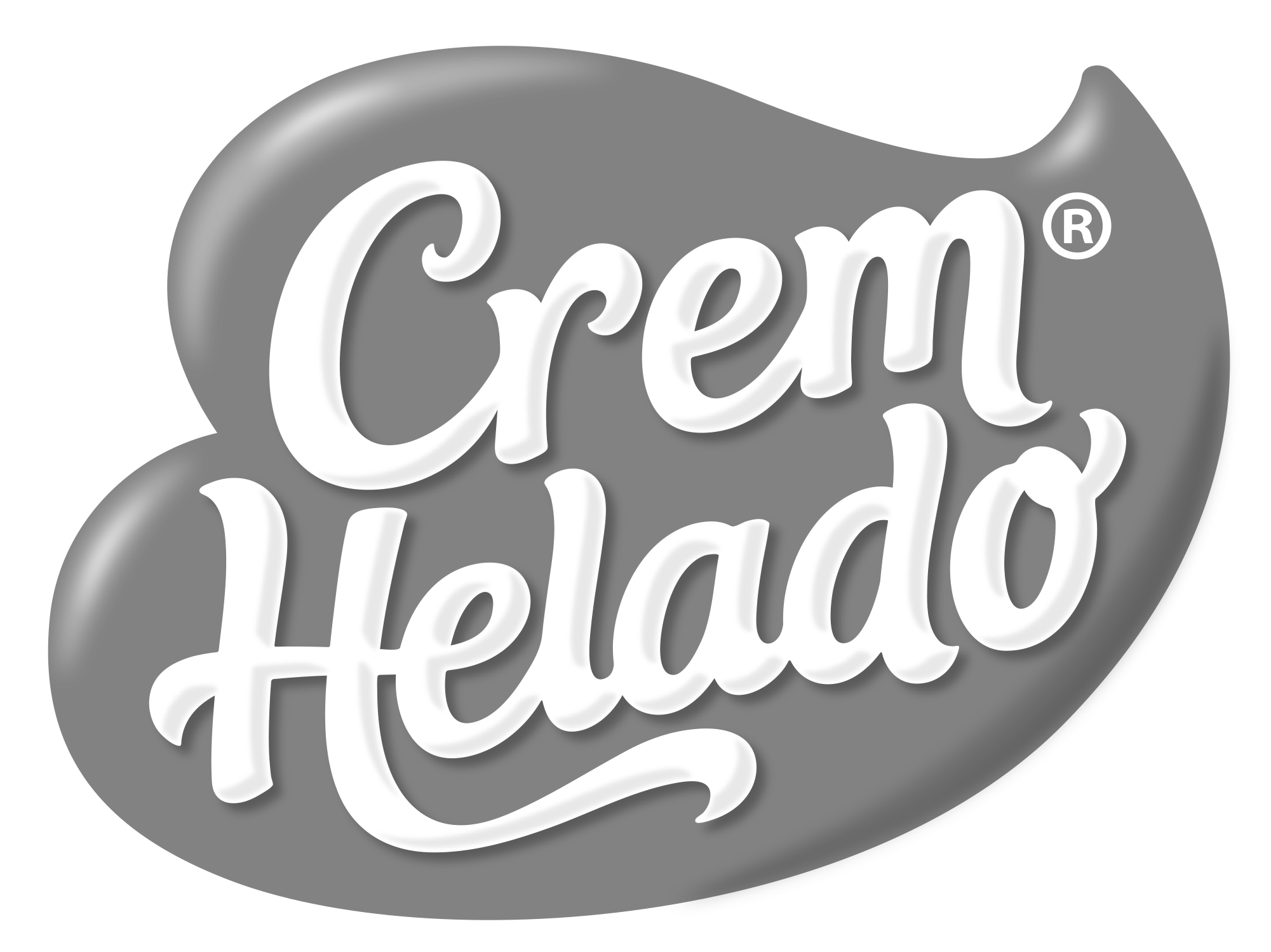 Logo de la empresa de helados Crem Helado, cliente de nuestra productora de contenidos audiovisuales. El logo muestra las palabras "Crem Helado" en una tipografía cursiva y suave, sobre una figura con forma de gota.
