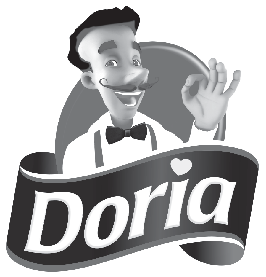 Logo de la empresa Doria, cliente de nuestra productora de contenidos audiovisuales. El logo muestra un chef caricaturizado sonriendo y haciendo un gesto de "ok" con la mano.